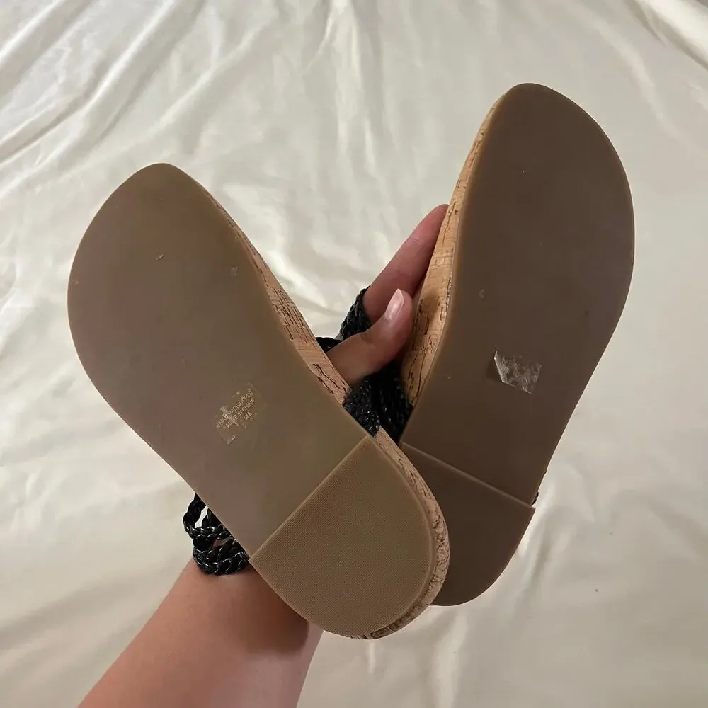 Talbots Black Faux Leather Slip On Cork Sandal Wmns Sz 9 Cruise Resortwear Beach
